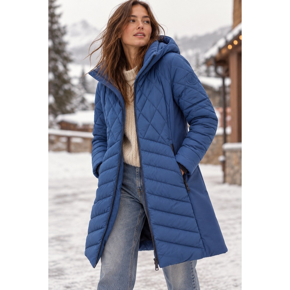 Bernardo Performance Blue Quilted Hooded Parka Double Zip Jacket Womens XL